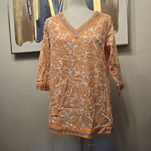 Gretchen Scott Designs Orange Coral Print V-Neck Tunic with Blue Trim